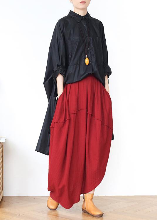 Women Red Elastic Waist Linen Skirt