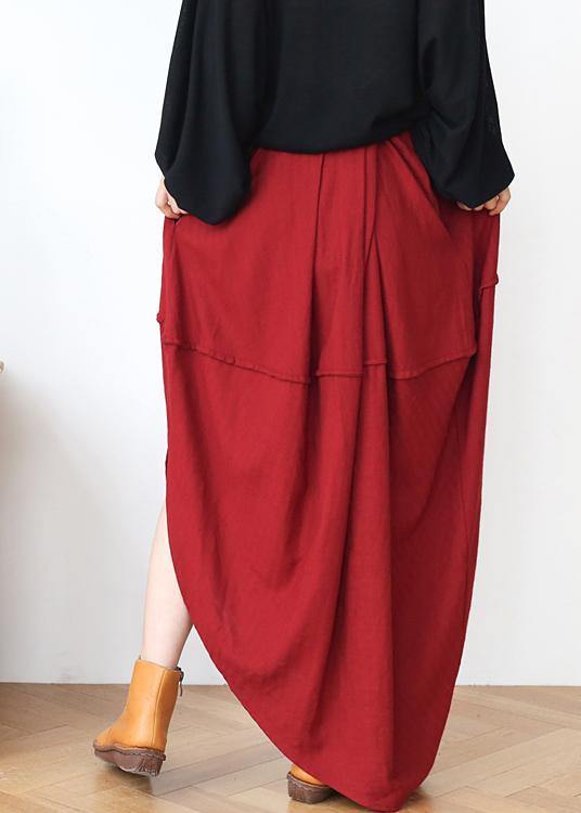 Women Red Elastic Waist Linen Skirt