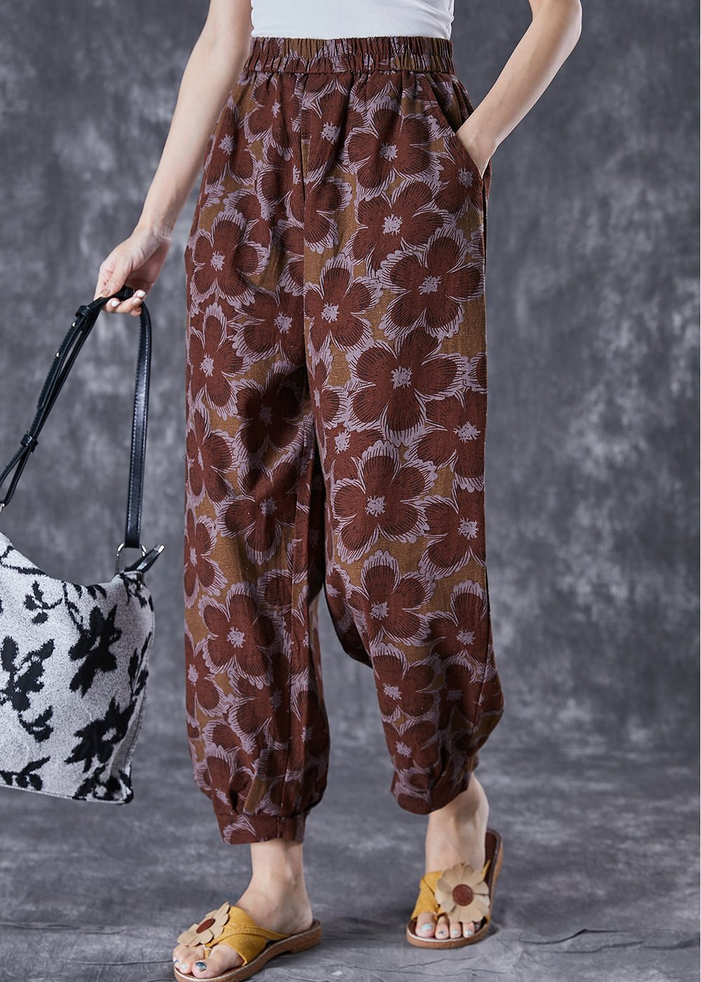 Women Red Oversized Print Linen Harem Pants Summer