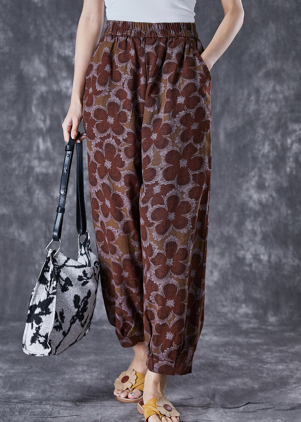 Women Red Oversized Print Linen Harem Pants Summer