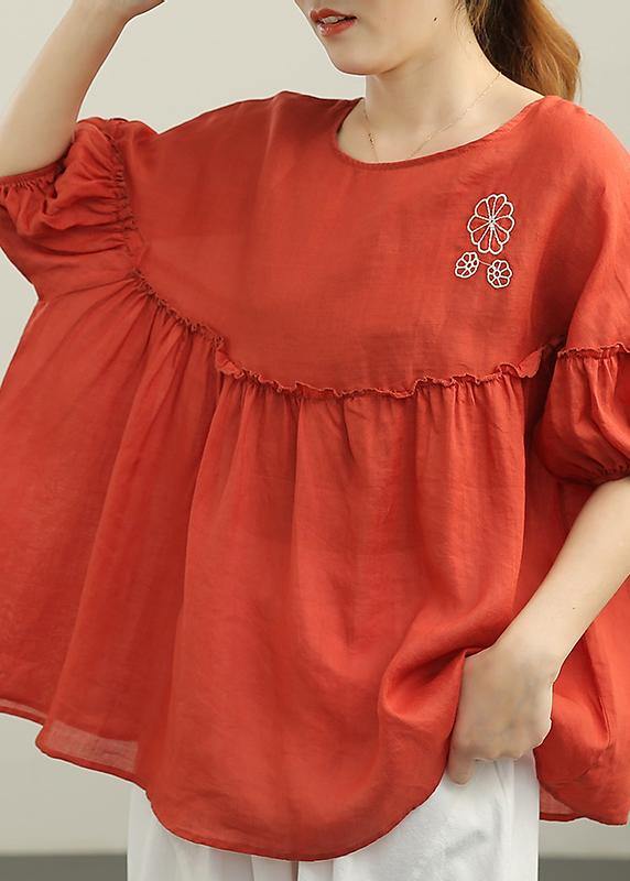 Women Red Patchwork Ruffled Cotton Summer Blouse Top