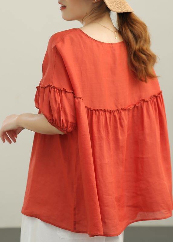 Women Red Patchwork Ruffled Cotton Summer Blouse Top