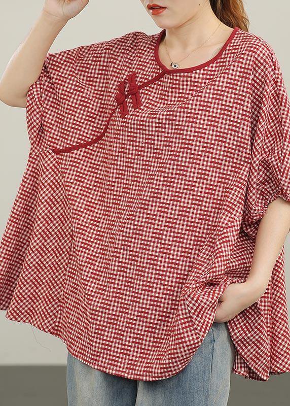 Women Red Plaid Batwing Sleeve Cotton Summer Blouses