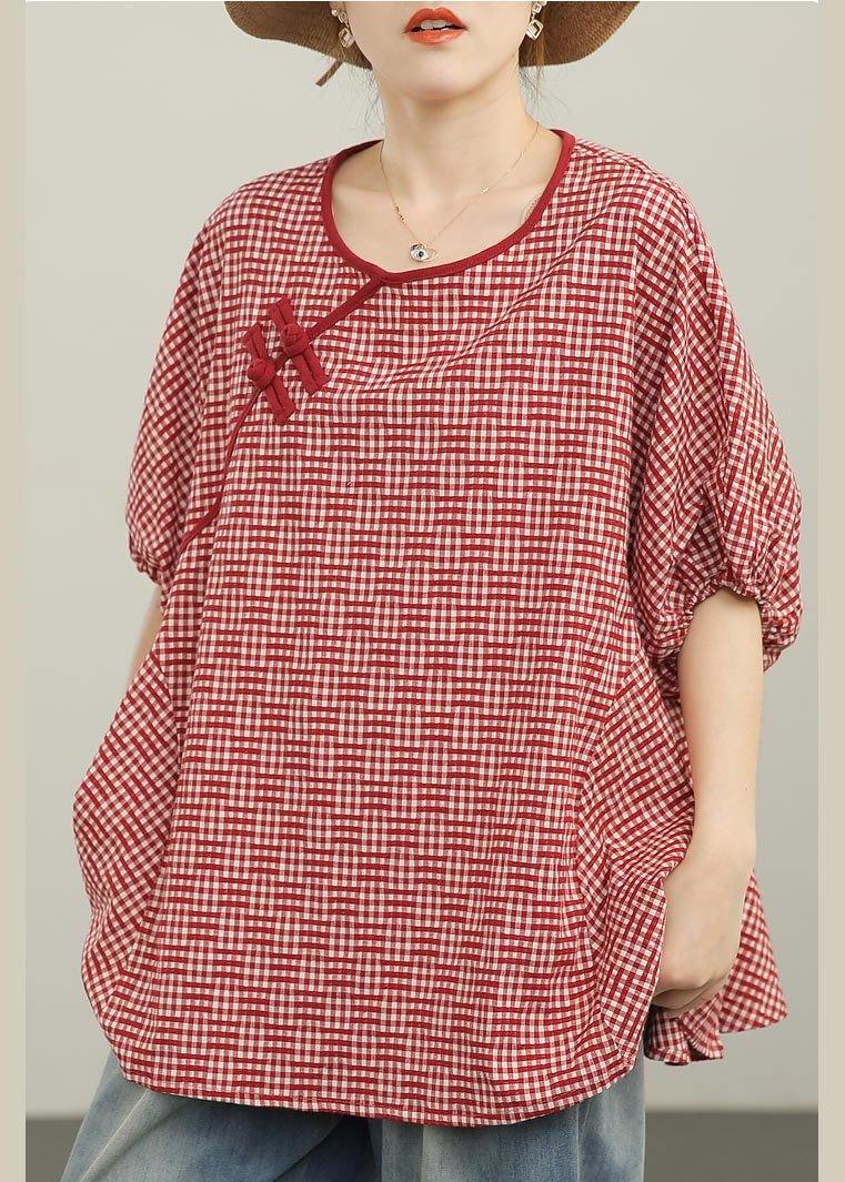 Women Red Plaid Batwing Sleeve Cotton Summer Blouses