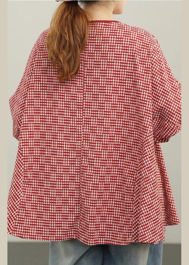 Women Red Plaid Batwing Sleeve Cotton Summer Blouses