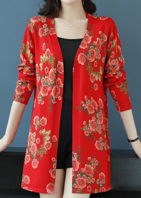 Women Red V Neck Print Wool Knit Cardigan Long Sleeve