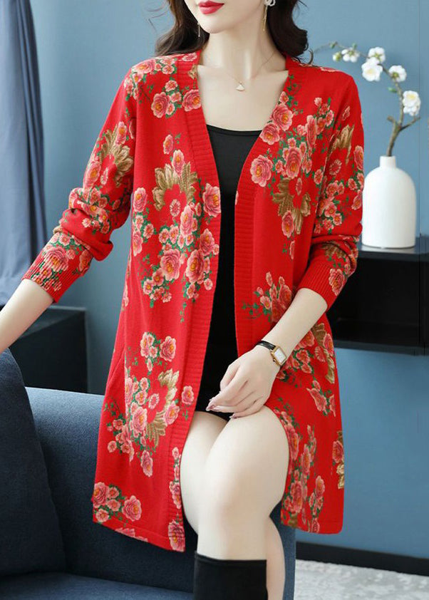 Women Red V Neck Print Wool Knit Cardigan Long Sleeve