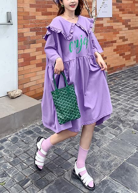 Women Ruffled Batwing Sleeve dress purple Letter Dresses