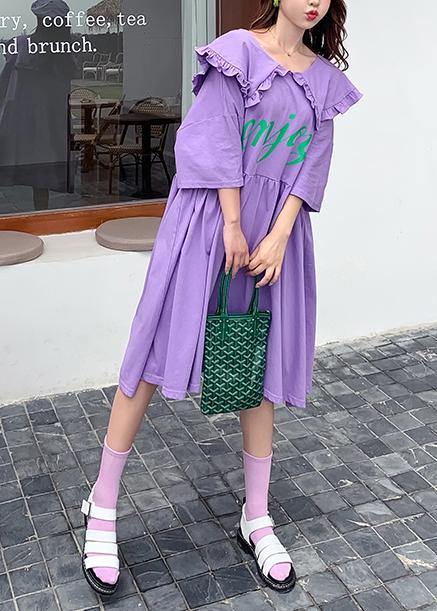 Women Ruffled Batwing Sleeve dress purple Letter Dresses