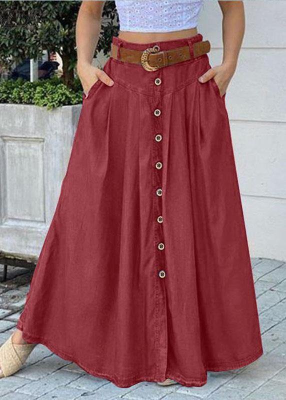 Women Solid Color Bottom Front Loose Casual Long Skirt With Pocket