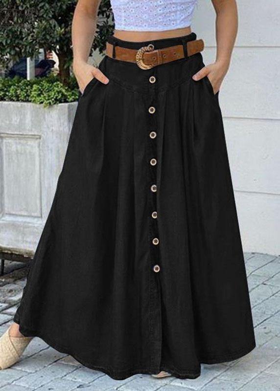 Women Solid Color Bottom Front Loose Casual Long Skirt With Pocket