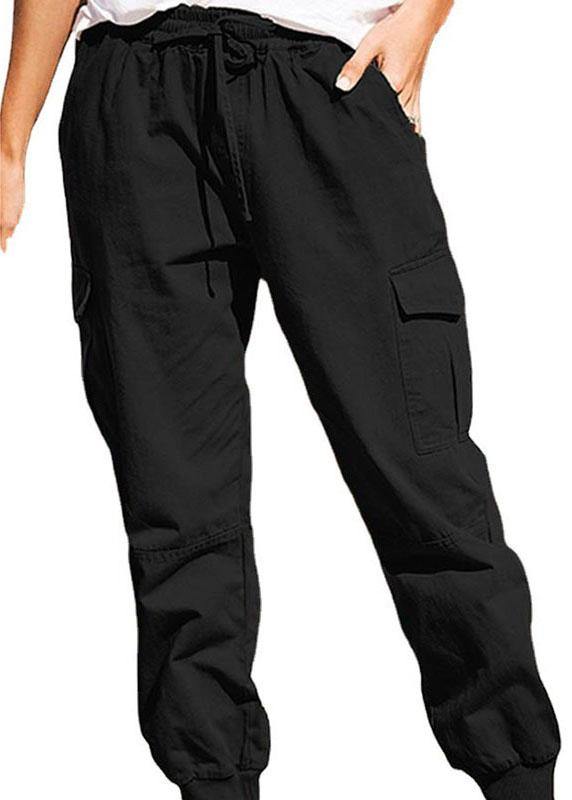 Women Solid Color Cotton Pockets Overalls Trouser Pants