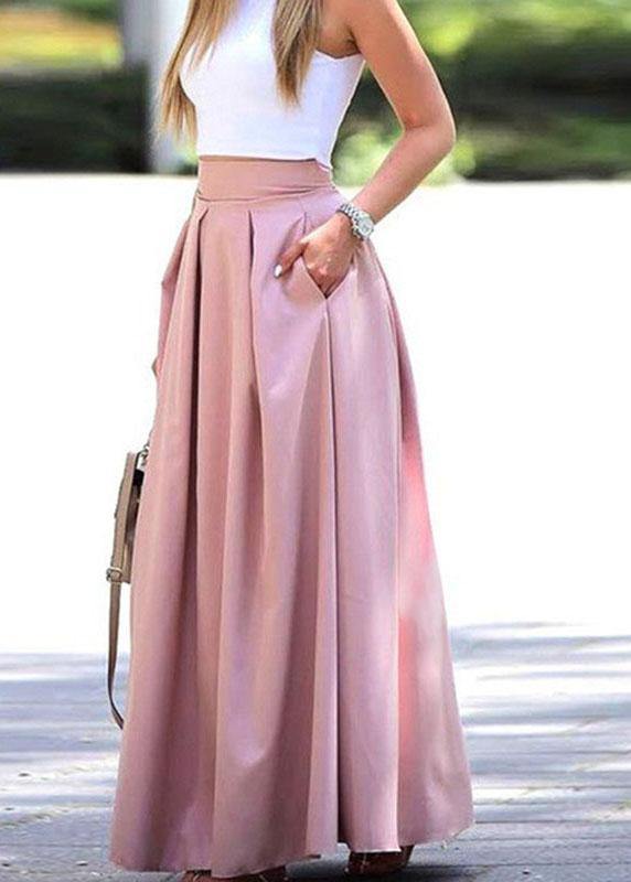 Women Solid Color High Waist Big Swing Zipper Casual Loose Long Skirt With Pocket