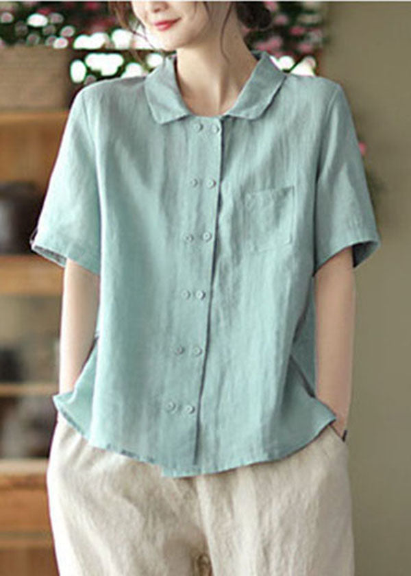 Women Solid Light Blue Double Breast Linen Shirt Tops Short Sleeve