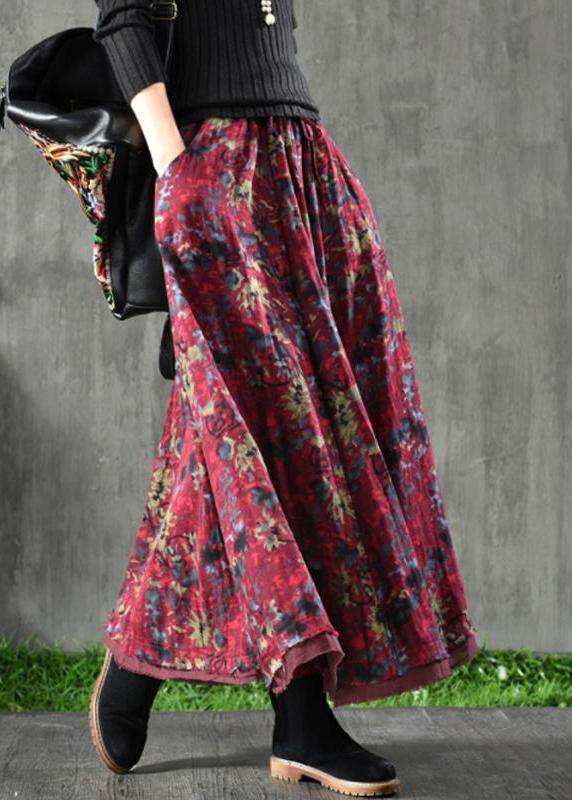 Women Cotton blend Red Floral Skirt Maxi Length