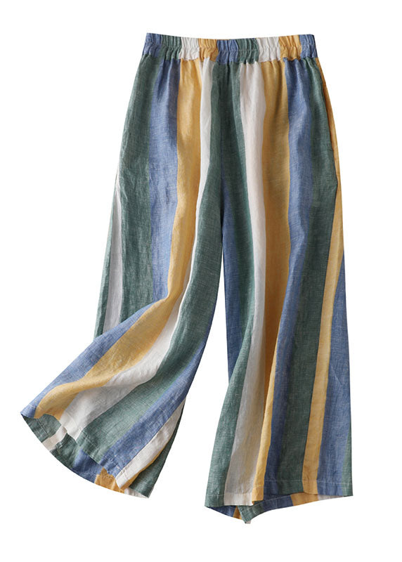 Women Striped Pockets Patchwork Linen Wide Leg Pants Summer