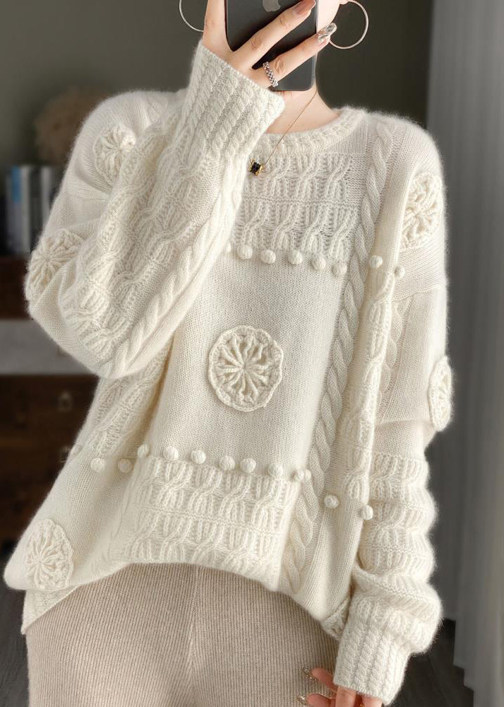 Women White O-Neck Floral Cozy Cashmere Knit Sweater Long Sleeve