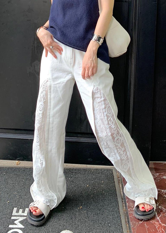 Women White Pockets Lace Patchwork Cotton Pants Summer