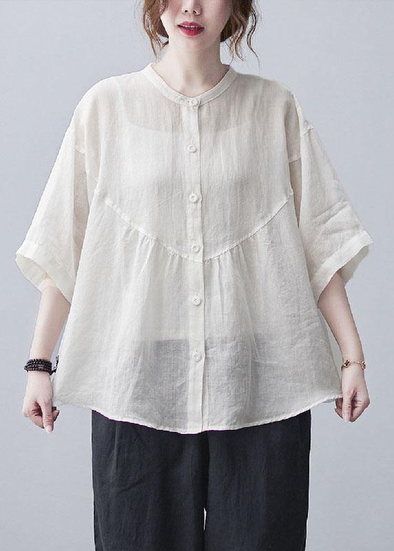 Women White Stand Collar Button Summer Cotton Linen Blouses