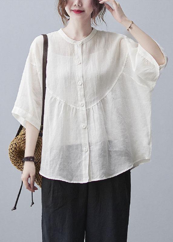 Women White Stand Collar Button Summer Cotton Linen Blouses