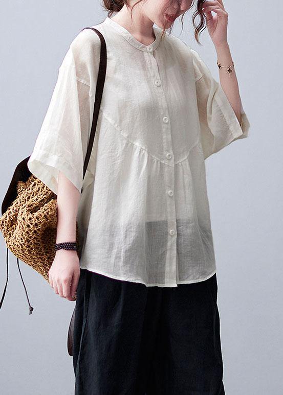 Women White Stand Collar Button Summer Cotton Linen Blouses