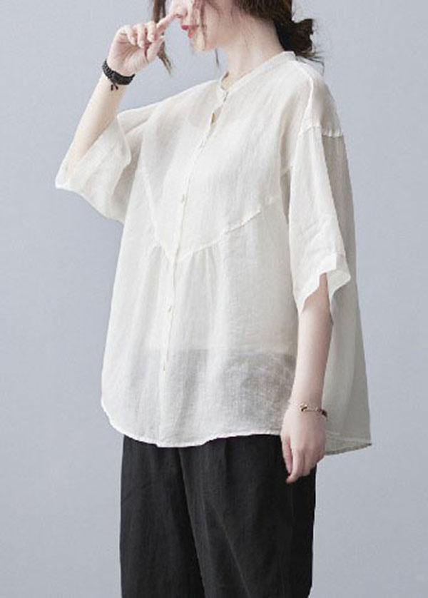 Women White Stand Collar Button Summer Cotton Linen Blouses