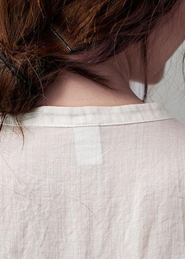 Women White Stand Collar Button Summer Cotton Linen Blouses