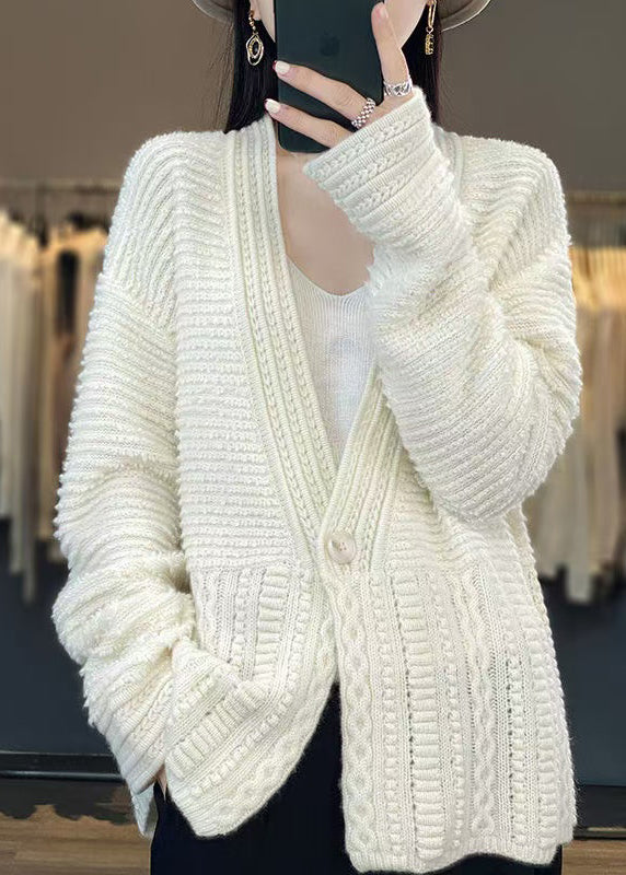 Women White V Neck Button Woolen Cable Knit Coats Spring