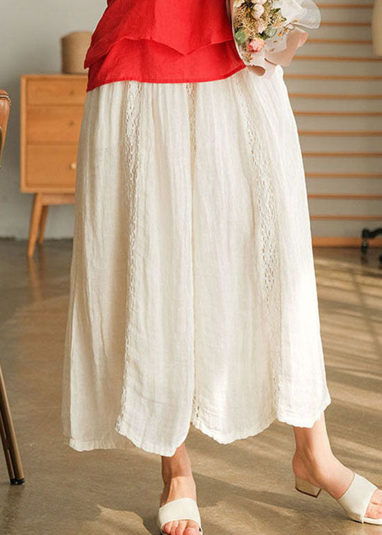 Women White tie waist lace Patchwork Linen Skirts Spring