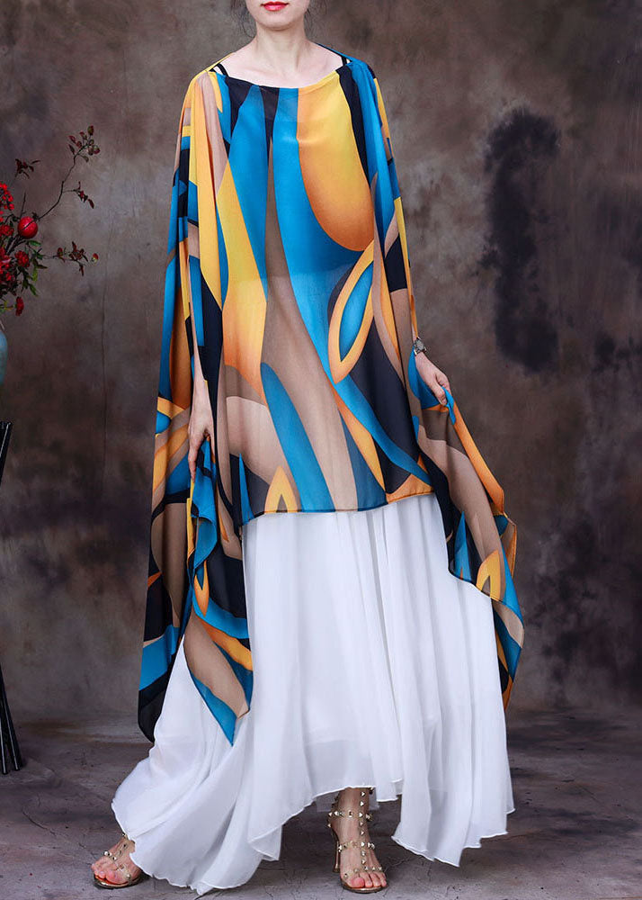 Women Yellow Blue Asymmetrical Design Print Chiffon Top Batwing Sleeve