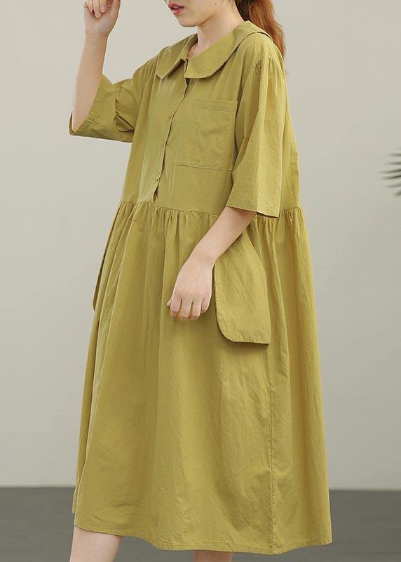 Women Yellow Peter Pan Collar Button Pockets Long Dresses Summer Cotton