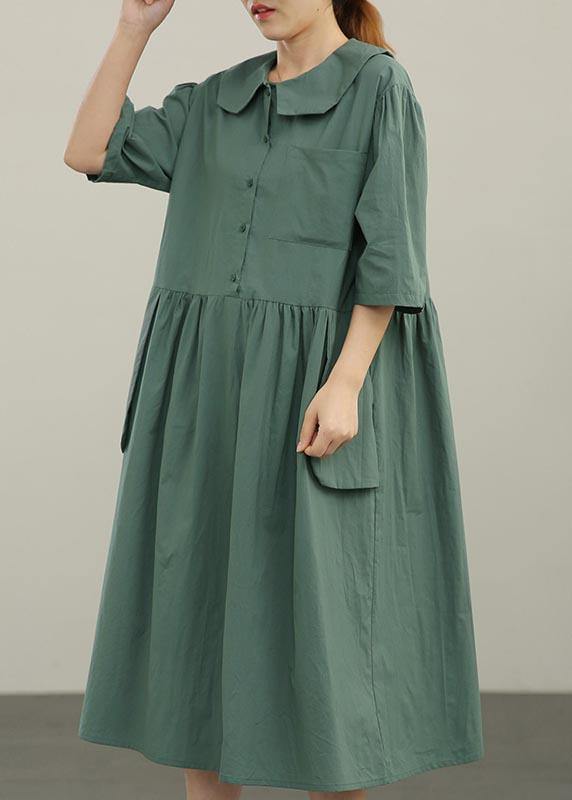 Women Yellow Peter Pan Collar Button Pockets Long Dresses Summer Cotton