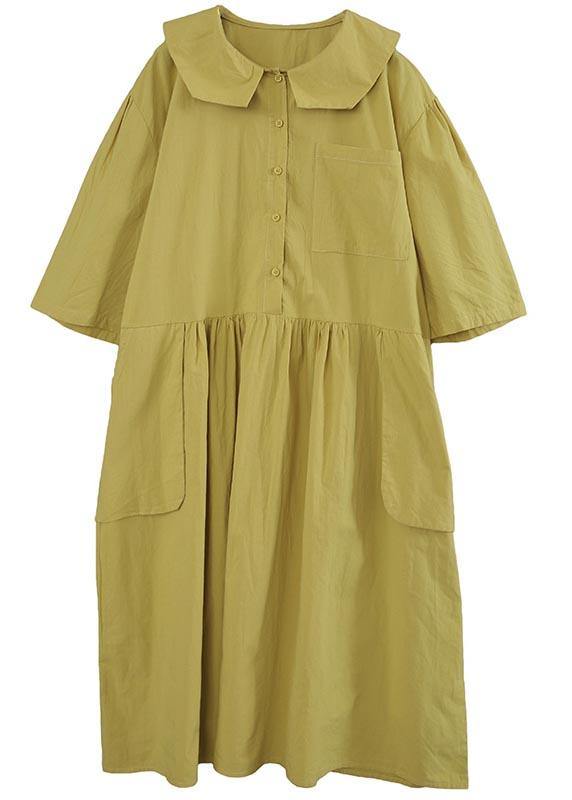 Women Yellow Peter Pan Collar Button Pockets Long Dresses Summer Cotton