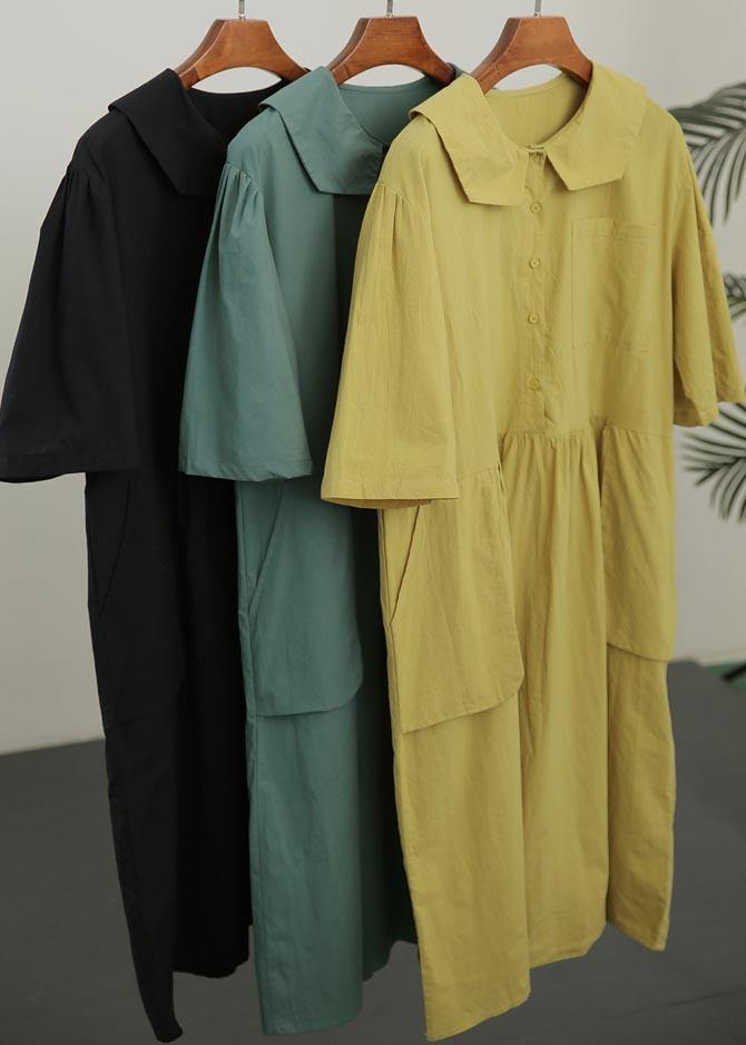 Women Yellow Peter Pan Collar Button Pockets Long Dresses Summer Cotton