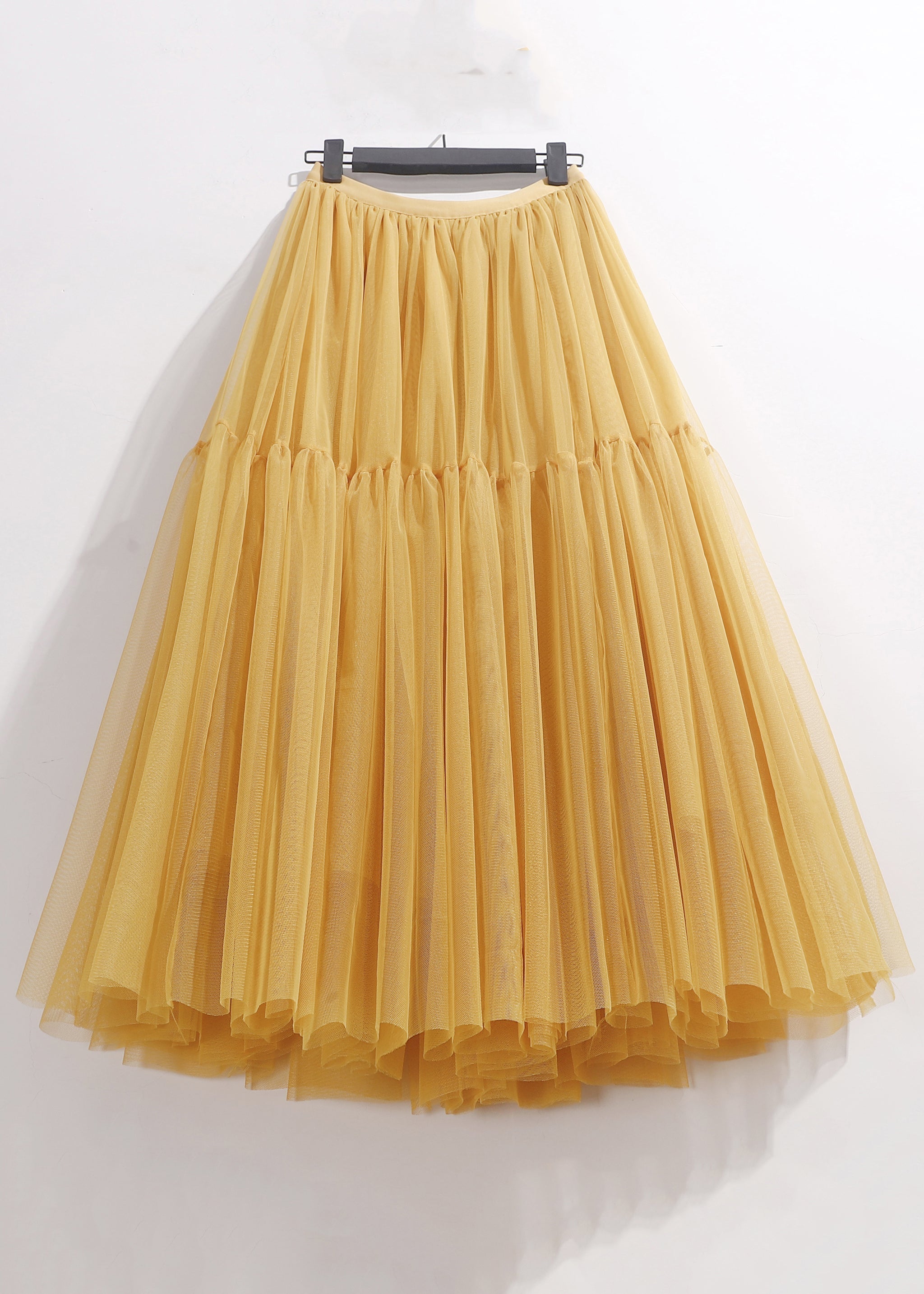 Women Yellow Wrinkled Elastic Waist Tulle Skirt Summer