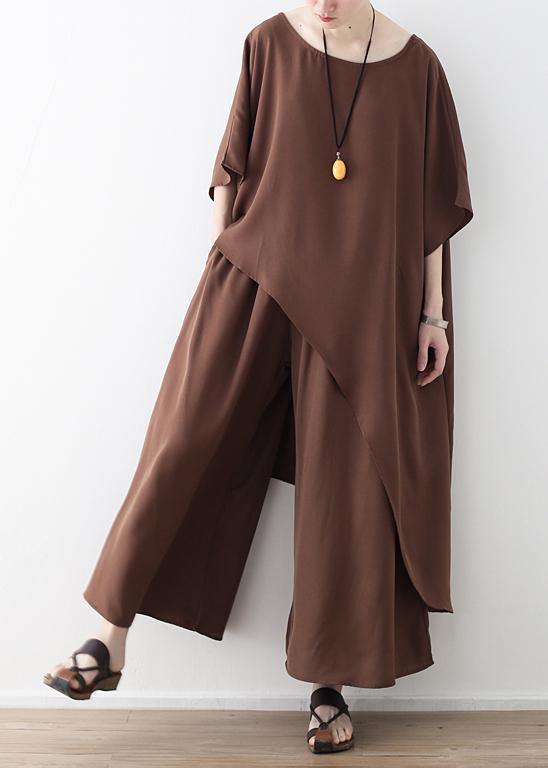 Women Asymmetric Hem Chiffon Box Top Work Brown Tunic Blouse Summer