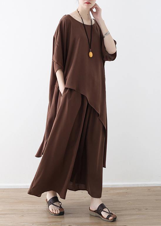 Women Asymmetric Hem Chiffon Box Top Work Brown Tunic Blouse Summer