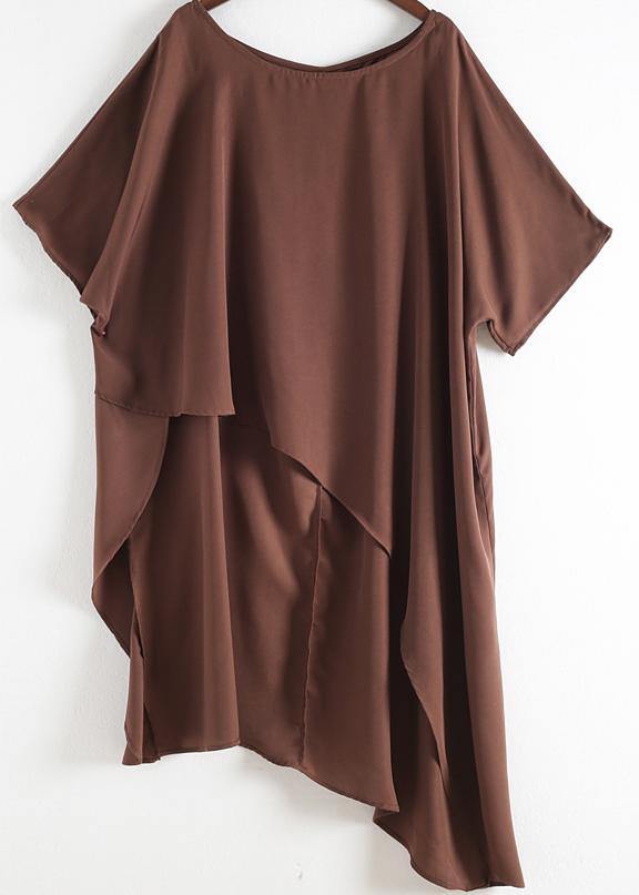 Women Asymmetric Hem Chiffon Box Top Work Brown Tunic Blouse Summer