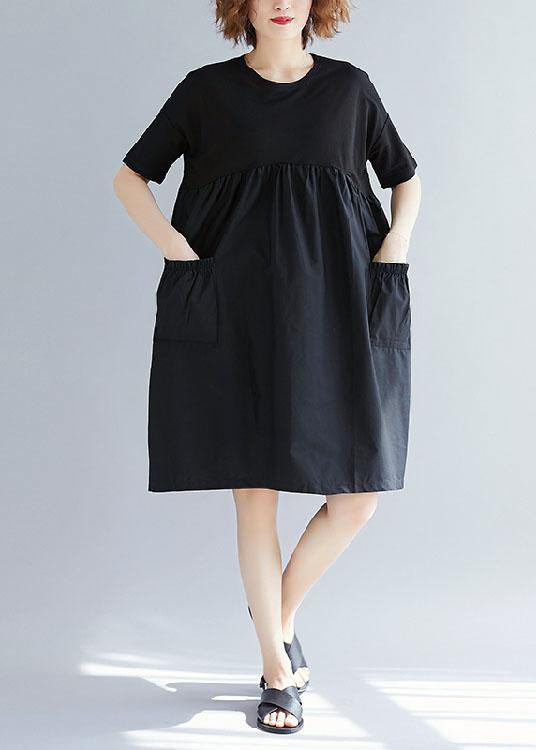 Women black Cotton blended o neck pockets loose summer Dresses