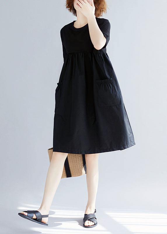 Women black Cotton blended o neck pockets loose summer Dresses