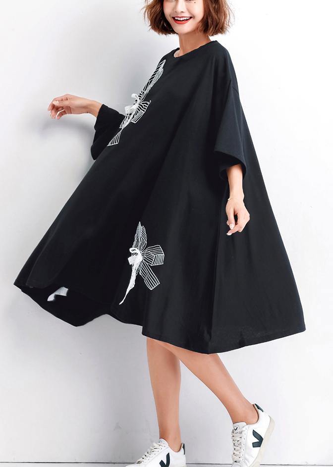 Women black embroidery Cotton big hem shift summer Dresses