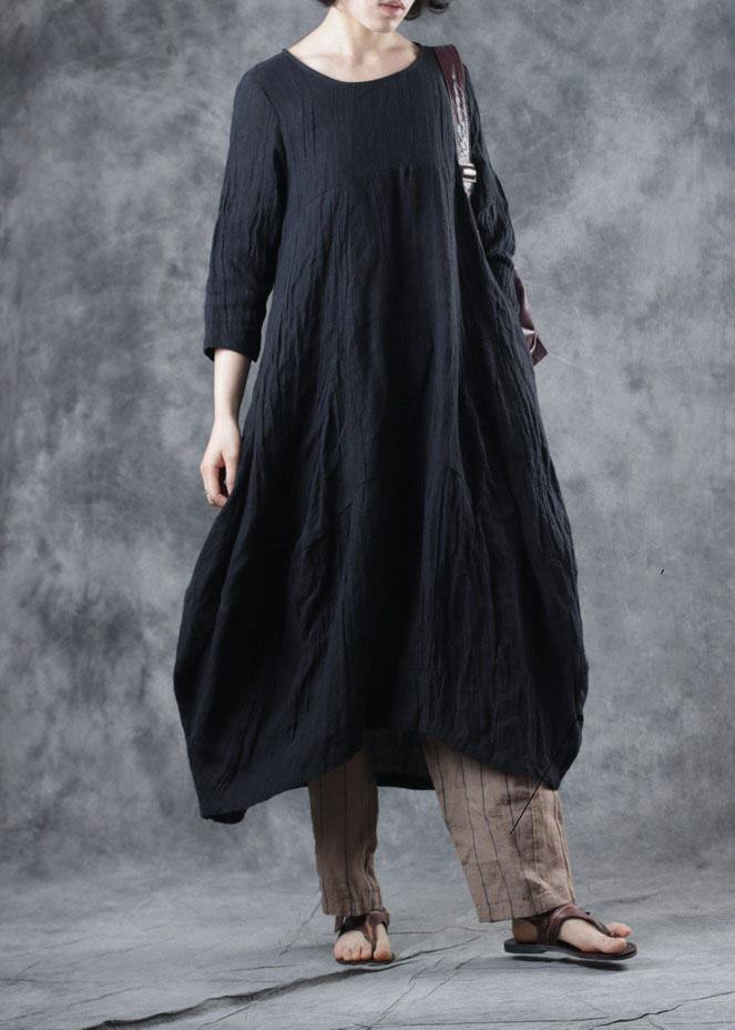 Women black linen dresses o neck Dresses fall Dresses