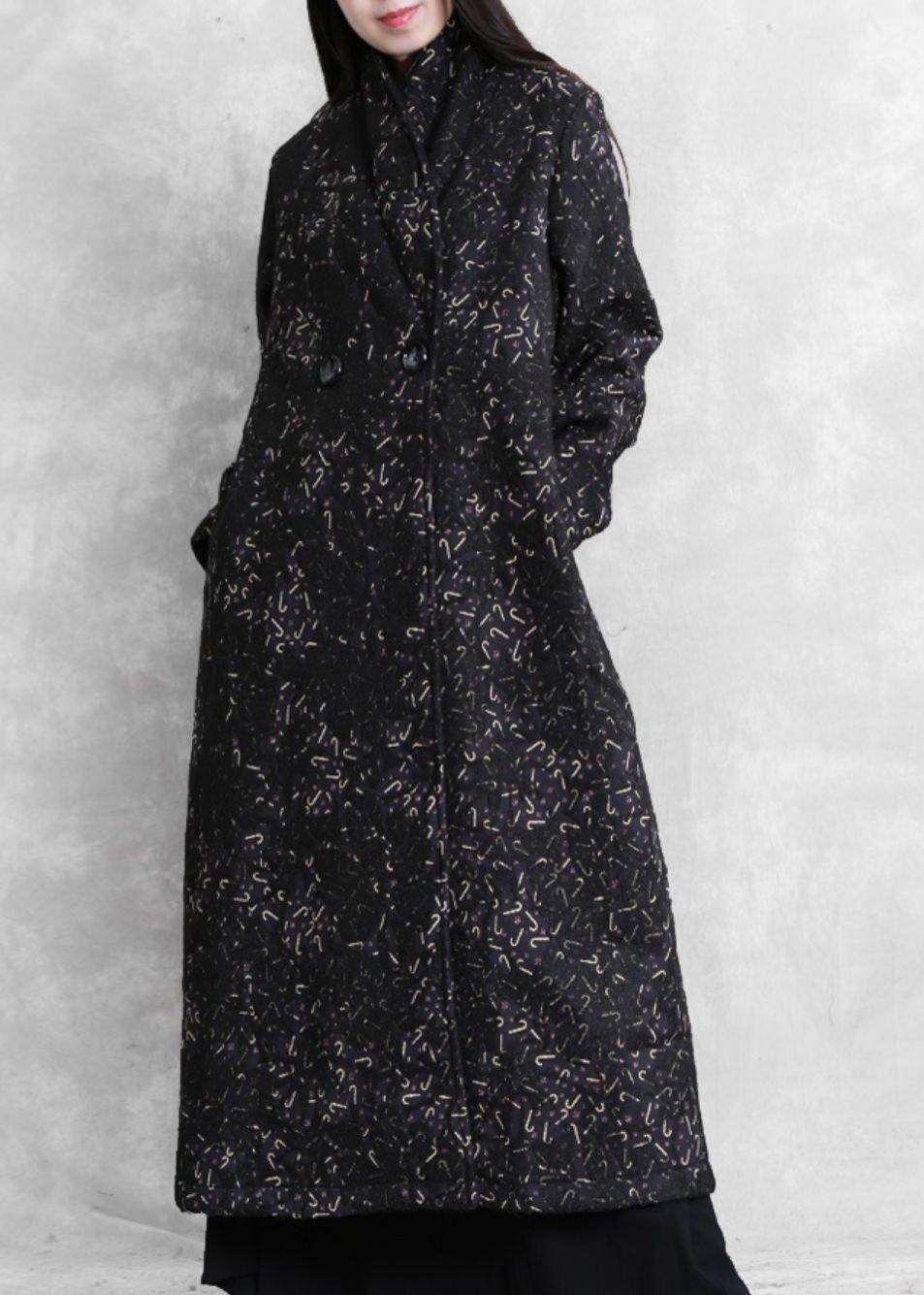 Women black print Plus Size tunic coat Fashion Ideas Notched pockets coat