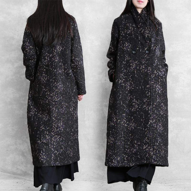 Women black print Plus Size tunic coat Fashion Ideas Notched pockets coat