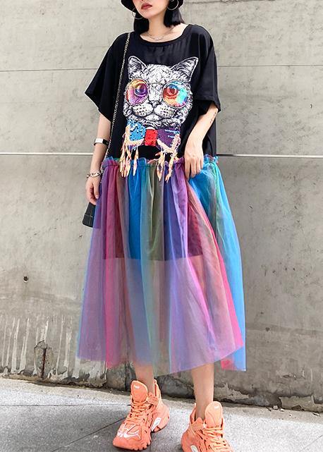 Women black print cotton dresses patchwork tulle A Line Dresses