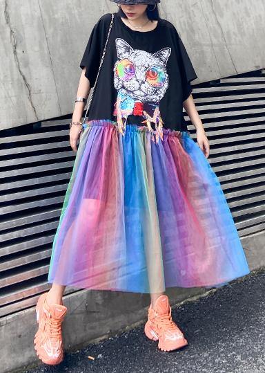 Women black print cotton dresses patchwork tulle A Line Dresses