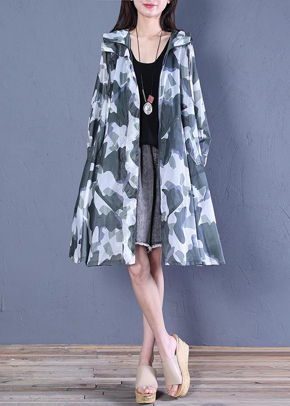 Women blackish green print fine coat pattern hooded zippered outwears