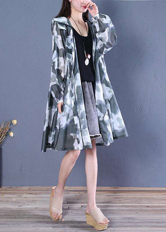 Women blackish green print fine coat pattern hooded zippered outwears