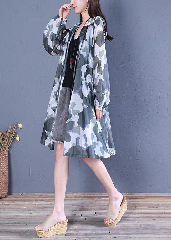 Women blackish green print fine coat pattern hooded zippered outwears