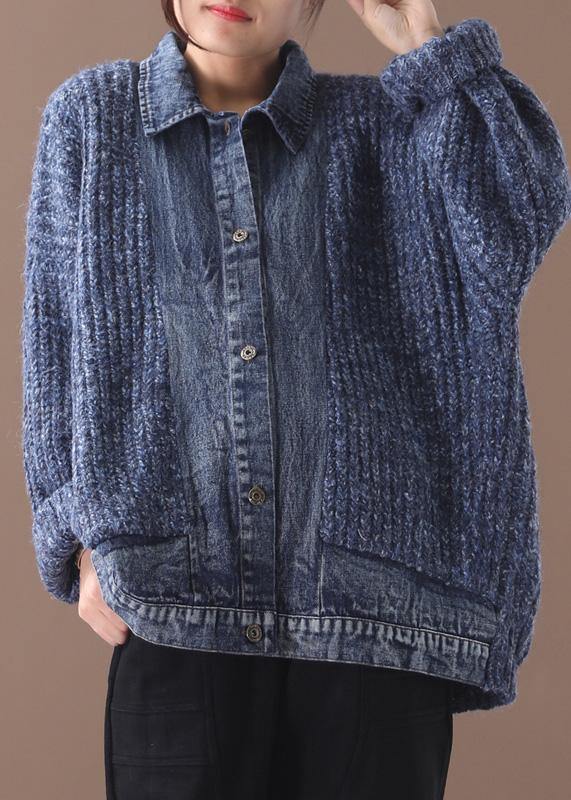 Women blue Sweater Blouse lapel collar oversize patchwork sweaters